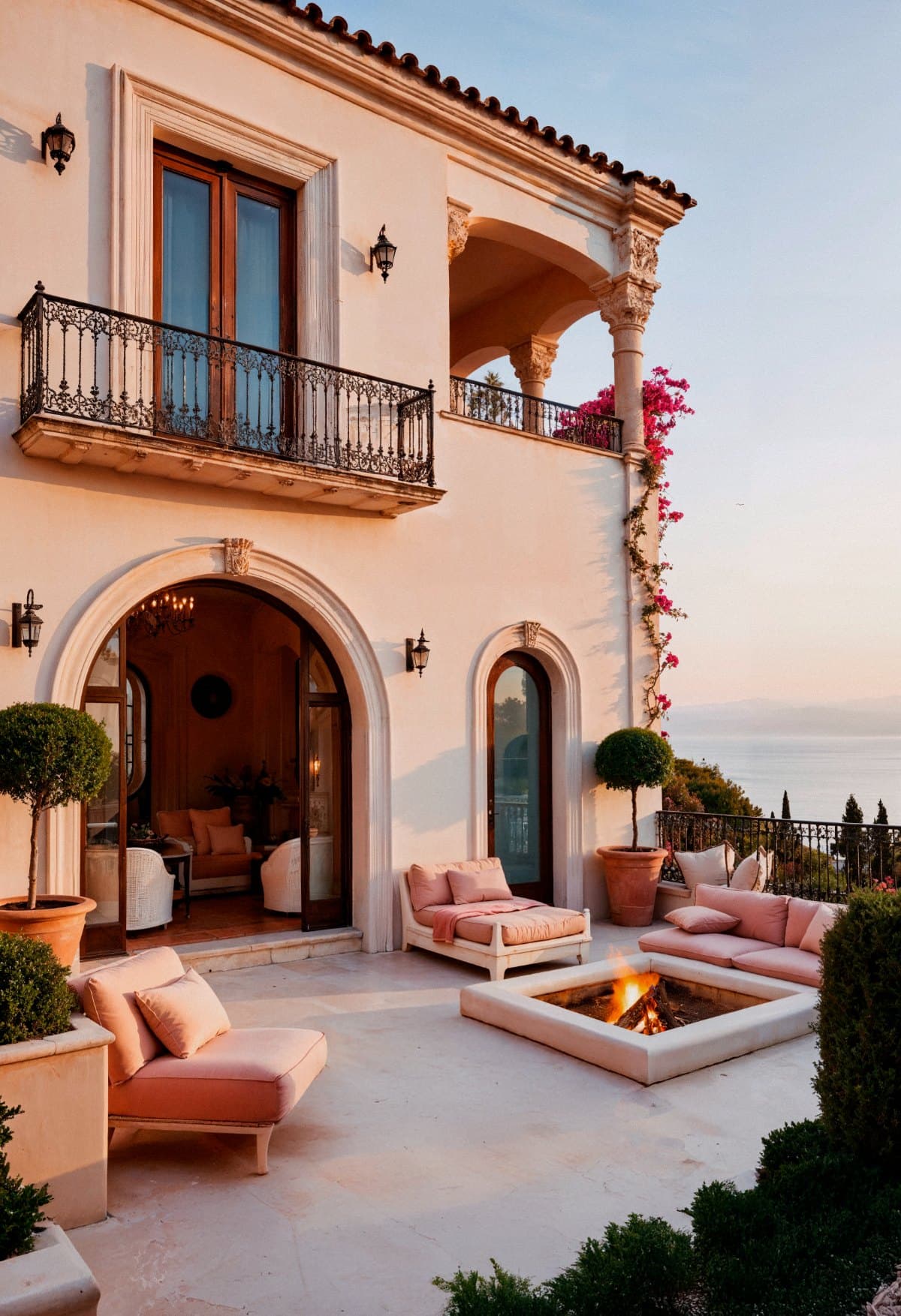 Terrasse d'une villa au coucher du soleil